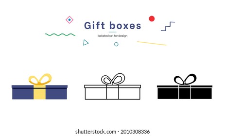 Gift boxes, presents isolated on white. Colorful wrapped. Sale, shopping concept. Collection for Birthday, Christmas. For Vector Cartoon flat design. Colored Gift Boxes with Ribbon vector set