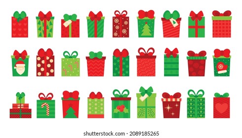 Gift boxes, presents isolated on white. Colorful wrapped. Collection for Christmas. For Vector  flat design.