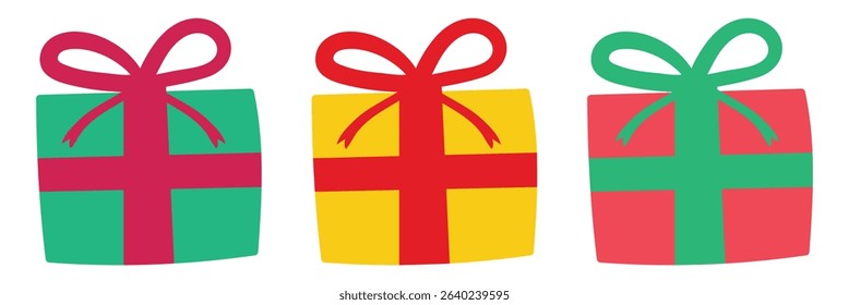Gift boxes, presents isolated on white. Colorful wrapped. Sale, shopping concept. Collection for Birthday, Christmas. For Vector Cartoon flat design. Vector illustration.