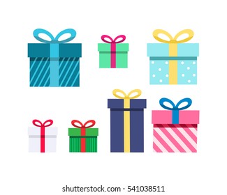 Gift boxes, presents isolated on white. Colorful wrapped. Sale, shopping concept. Collection for Birthday, Christmas. For Vector Cartoon flat design