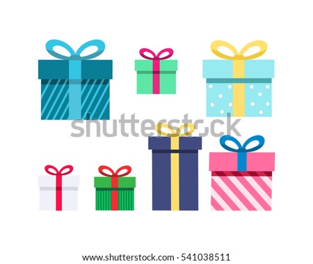 Gift boxes, presents isolated on white. Colorful wrapped. Sale, shopping concept. Collection for Birthday, Christmas. For Vector Cartoon flat design