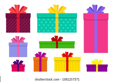 Gift boxes, presents isolated set vector. Flat surprise box with bows on holiday. Set of giftbox, present icon for birthday, christmas, valentine, women's day. Wrap package decoration. vector design