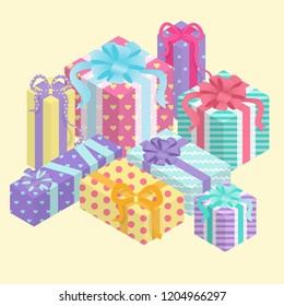 Gift boxes, presents Isometric on yellow background. Colorful pastel wrapped. Sale, shopping concept. Collection for Birthday, Valentine, Christmas. For Vector Cartoon flat design