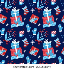Geschenkbox und Geschenke auf Weihnachten und neues Jahr auf blauem Hintergrund. Weihnachtsdruck. Nahtloses Muster. Vektorgrafik.