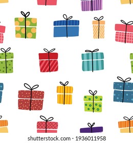 Gift boxes, presents seamless pattern vector icon set. Hand drawn doodle collection isolated on white.  Colorful wrapped paper textile. Sale shopping concept. Birthday Christmas. Cartoon flat design.