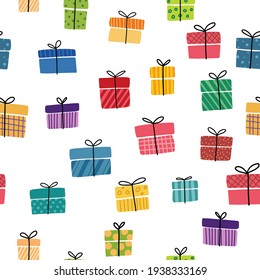 Gift boxes, presents seamless pattern vector icon set. Hand drawn doodle collection isolated on white.  Colorful wrapped paper textile. Sale shopping concept. Birthday Christmas. Cartoon flat design.