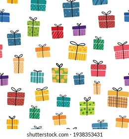 Gift boxes, presents seamless pattern vector icon set. Hand drawn doodle collection isolated on white.  Colorful wrapped paper textile. Sale shopping concept. Birthday Christmas. Cartoon flat design.