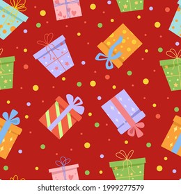 Gift boxes, presents seamless pattern on a red background. Vector illustration.