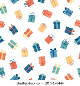 Gift boxes, presents seamless pattern isolated on white. Colorful wrapped paper textile. Sale shopping concept. Birthday, St Valentines day, Christmas. Cartoon flat design.