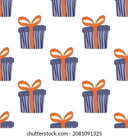 Gift boxes, presents seamless pattern vector icon set. Hand drawn doodle collection isolated on white. Colorful wrapped paper textile. Sale shopping concept. Birthday Christmas. Cartoon flat design.