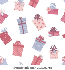 Gift boxes, presents seamless pattern. Сelebration background with presents. Cute holiday print. Cartoon flat design.