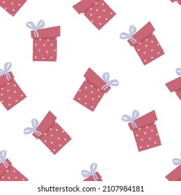 Gift boxes, presents seamless pattern. Colorful wrapped paper textile vector icon set.. Celebration background with presents.. Cartoon flat design.