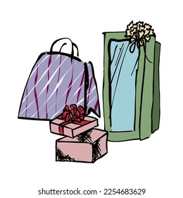 Gift boxes, presents set. Colored holiday doodle, isolated vector. Hand drawing style. For decoration cards, templates. For valentine day, Christmas, birthday surprise, easter, new year, baby design. 