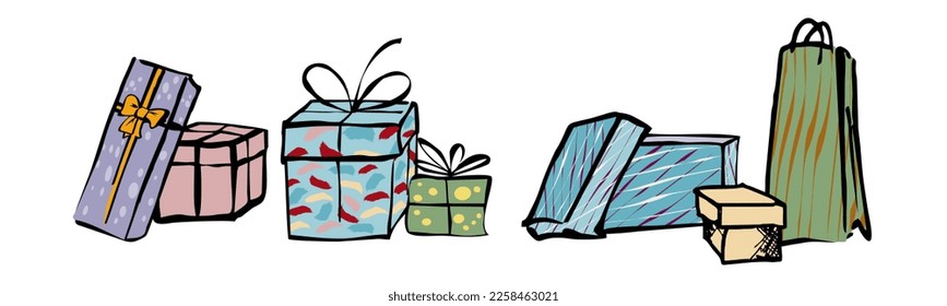 Gift boxes, presents set. Colored holiday doodle, isolated vector. Hand drawing style. For decoration cards, templates. For valentine day, Christmas, birthday surprise, easter, new year, baby design. 