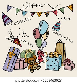 Gift boxes, presents set. Colored holiday doodle, isolated vector. Hand drawing style. For decoration cards, templates. For valentine day, Christmas, birthday surprise, easter, new year, baby design. 