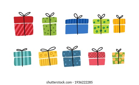 Gift boxes, presents vector icon set. Hand drawn doodle collection isolated on white.  Colorful wrapped. Sale shopping concept. Birthday Party Christmas. Cartoon elements, flat design illustration.