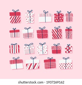 Gift boxes, presents vector icon set. Hand drawn doodle collection.  Pink and black colored wrapped. Sale shopping concept. Birthday Party Christmas. Cartoon elements, flat design illustration.