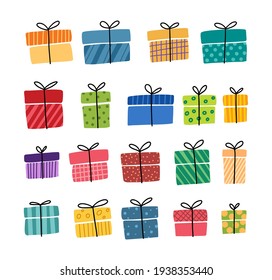 Gift boxes, presents vector icon set. Hand drawn doodle collection isolated on white.  Colorful wrapped. Sale shopping concept. Birthday Party Christmas. Cartoon elements, flat design illustration.