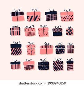 Gift boxes, presents vector icon set. Hand drawn doodle collection.  Pink and black colored wrapped. Sale shopping concept. Birthday Party Christmas. Cartoon elements, flat design illustration.