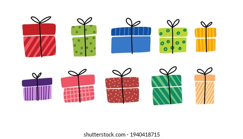 Gift boxes, presents vector icon set. Hand drawn doodle collection isolated on white.  Colorful wrapped. Sale shopping concept. Birthday Party Christmas. Cartoon elements, flat design illustration.