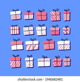 Gift boxes, presents vector icon set. Hand drawn doodle collection.  Pink and black colored wrapped on blue. Sale shopping concept. Birthday Party Christmas. Cartoon elements, flat design illustration