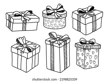 Gift boxes, presents vector icon set. Hand drawn doodle collection isolated on white.