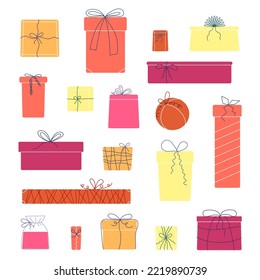 Geschenkbox, präsentiert Vektorsymbol-Set. Handgezeichnete Doodle-Kollektion einzeln auf Weiß. Farbenfroh verpackt. Einkaufskonzept für den Verkauf. Geburtstagsfeier Weihnachten. Cartoon-Elemente, flache Design-Illustration.