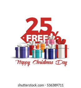 Gift boxes with red bow Christmas day discount sale vector . Sale25% off. Vector illustration, Happy Christmas Day discount. 25% free shopping sale.