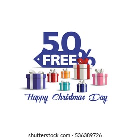 Gift boxes with red bow Christmas day discount sale vector . Sale 50% off. Vector illustration, Happy Christmas Day discount. 50% free shopping sale.