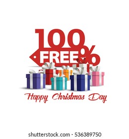 Gift boxes with red bow Christmas day discount sale vector . Sale 100% off. Vector illustration, Happy Christmas Day discount. 100% free shopping sale.