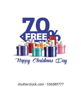 Gift boxes with red bow Christmas day discount sale vector . Sale 70% off. Vector illustration, Happy Christmas Day discount. 70% free shopping sale.