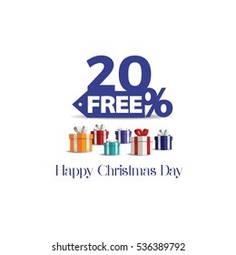 Gift boxes with red bow Christmas day discount sale vector . Sale 20% off. Vector illustration, Happy Christmas Day discount. 20% free shopping sale.