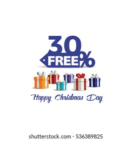 Gift boxes with red bow Christmas day discount sale vector . Sale30% off. Vector illustration, Happy Christmas Day discount. 30% free shopping sale.
