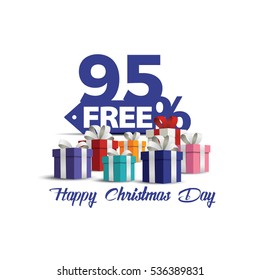 Gift boxes with red bow Christmas day discount sale vector . Sale 95% off. Vector illustration, Happy Christmas Day discount. 95% free shopping sale.