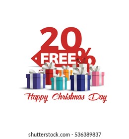 Gift boxes with red bow Christmas day discount sale vector . Sale 20% off. Vector illustration, Happy Christmas Day discount. 20% free shopping sale.