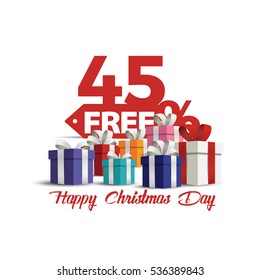 Gift boxes with red bow Christmas day discount sale vector . Sale 45% off. Vector illustration, Happy Christmas Day discount. 45% free shopping sale.