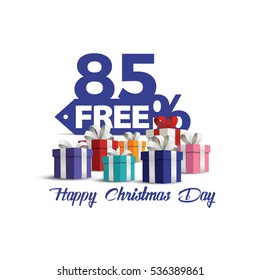 Gift boxes with red bow Christmas day discount sale vector . Sale 85% off. Vector illustration, Happy Christmas Day discount. 85% free shopping sale.