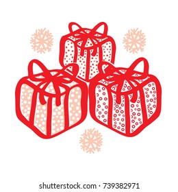 Gift boxes with red bow and ribbon. Decorative ornament.