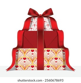 Gift boxes with red bow and satin ribbon. Present for Valentine's Day, Mother's Day, birthday or any special day. Vector design.