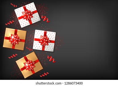 Gift boxes with red bow Vector realistic. Dark background confeti sparkle. Product placement mock up. Design packaging 3d illustration. Birthday, Wedding, Anniversary decor template banners