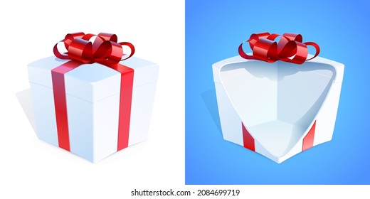 Gift boxes with a red bow. White box is open with cut to show any hidden jewelry product. 3D vector containers are designed for different pages of holiday card to achieve a surprise effect