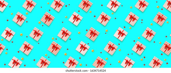 Gift boxes with red and gold pearl, abstract pattern. Present boxes, red ribbon and bow tie isolated on blue background. 3d vector illustration, eps10. Template for celebration posters