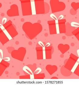 Gift boxes and red hearts seamless pattern. Repetitive background with presents and pink decorations
