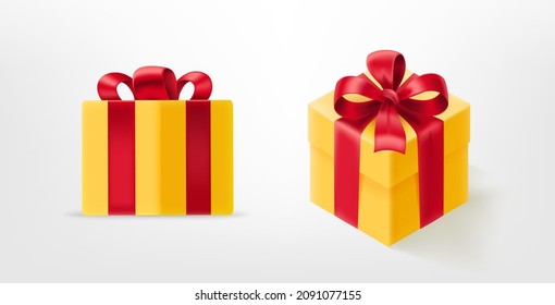 Gift boxes with red satin bow. 3d style vector illustration