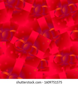 Gift boxes red seamless pattern. Repetitive birthday, Christmas, celebration, give away red gift boxes with red ribbons. EPS 10.