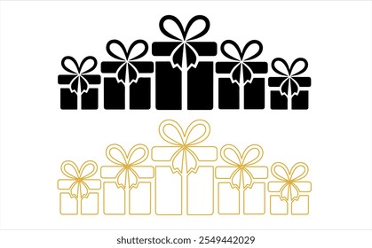 Gift boxes with red silky ribbon bow, Gift card icon. Gift certificate vector Gift boxes line icon. Birthday Shopping symbol. 