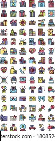 gift boxes related beautiful packaging gifts in many shapes like, ribbons box, balloons, gift box in heart shape, ring box, house, flowers, lollipop, ticket and letter box vector with editable stroke