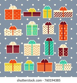 Gift boxes retro stickers in flat design. Wrapped presents with bows and ribbons. Vector. Set elements isolated on seamless dotted grey pattern for vintage greeting cards and backgrounds