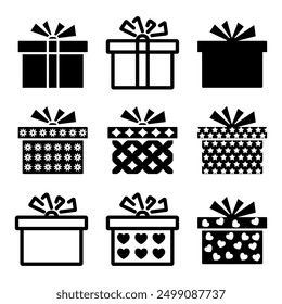 Gift boxes with ribbon black icons set. Gift boxes black silhouettes and line designs. Patterns on cardboard boxes. Collection for a holiday or Valentine's Day. Vector illustration flat design. 