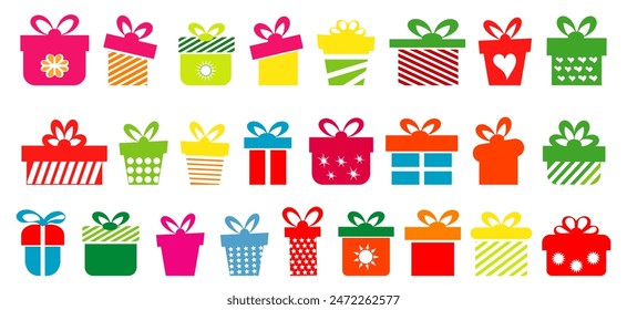 Cajas de regalo con cinta y lazo en un diseño plano. Caja de regalo, premio, regalo para vacaciones, celebración, fiesta. Regalo de Vector, cajas de regalo.